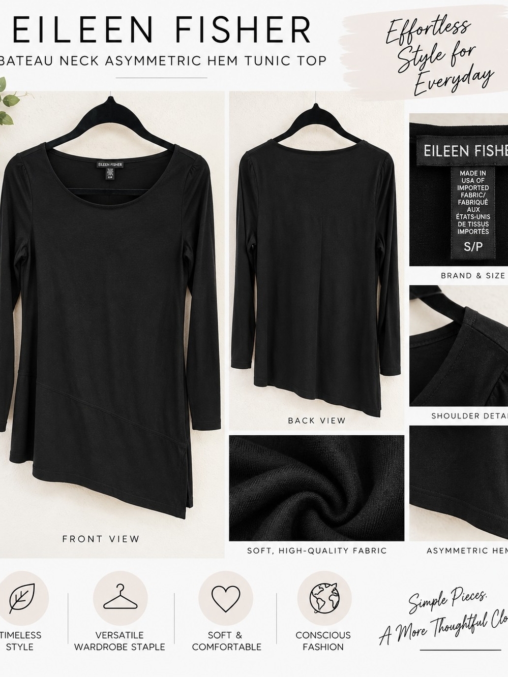 Eileen Fisher Black Bateau Neck Asymmetric Hem Tunic